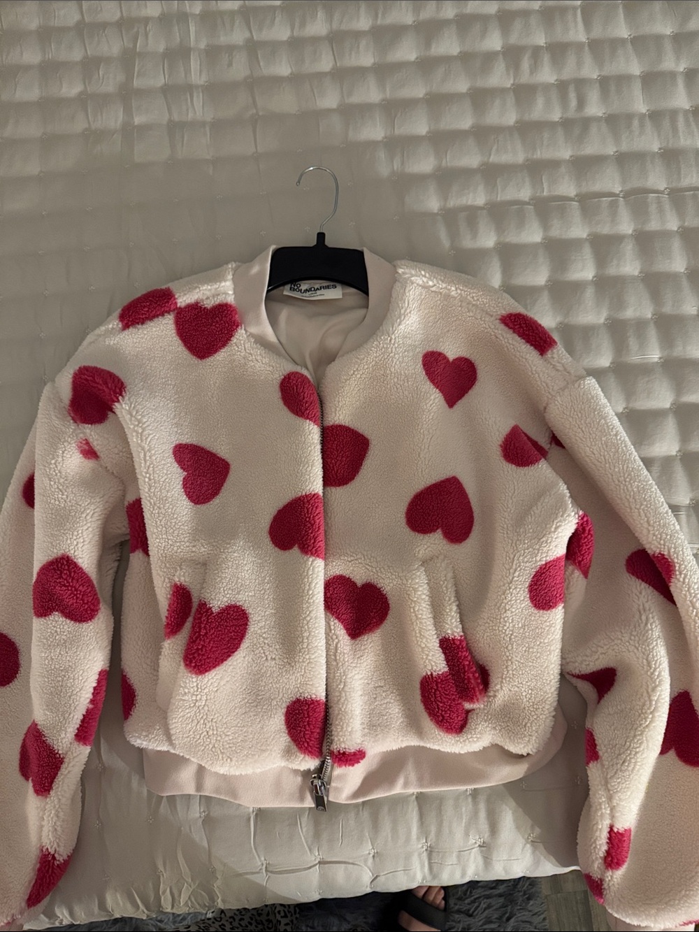 Heart-Print Cream & Pink Teddy Bomber Jacket